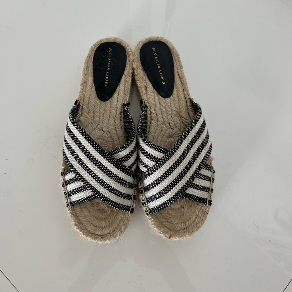 Polo Ralph Lauren Women’s Black Ivory Striped Platform Espadrille Sandals